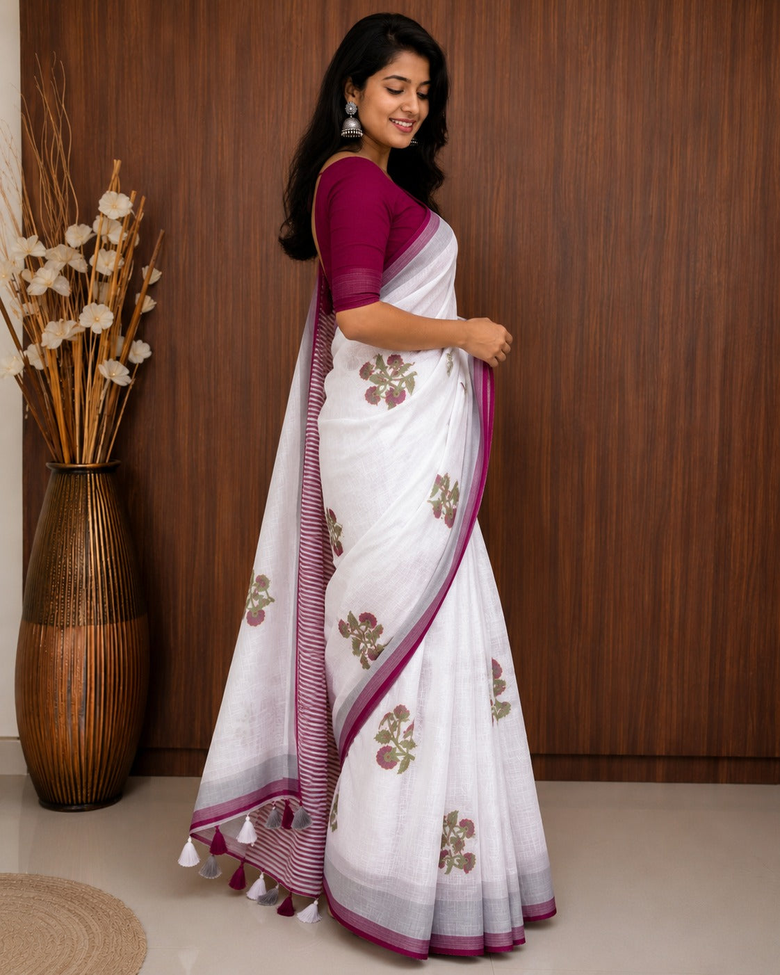 White Linen Saree with Magenta Floral Print