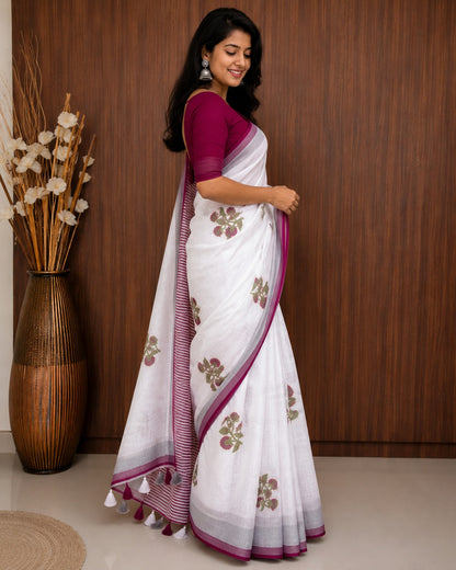White Linen Saree with Magenta Floral Print