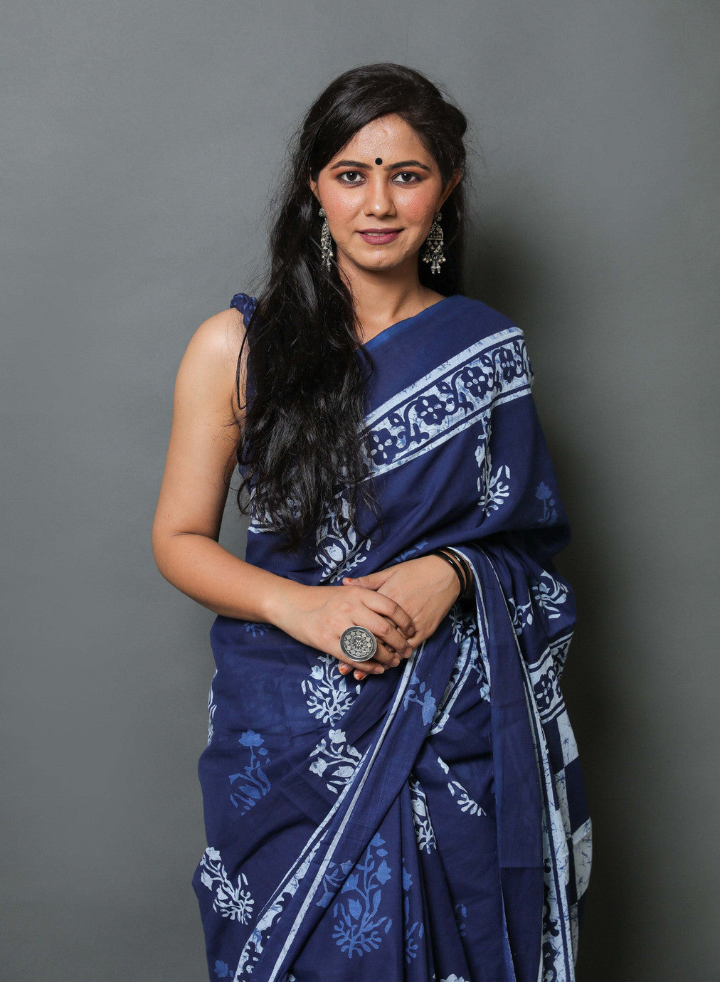 Indigo Blue Block-Printed Saree with Geometric Pallu
