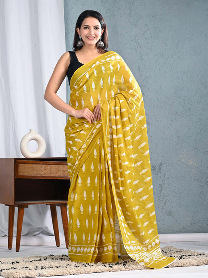 Mustard Yellow Cotton Saree with White Block Prints