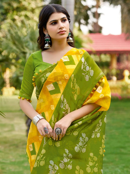 Yellow and Olive Green Printed Saree with Pom-Pom Lace