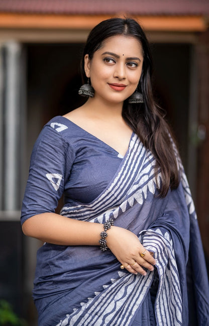 Indigo Blue and White Batik Linen Saree