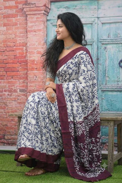 Cream and Indigo Floral Printed Saree