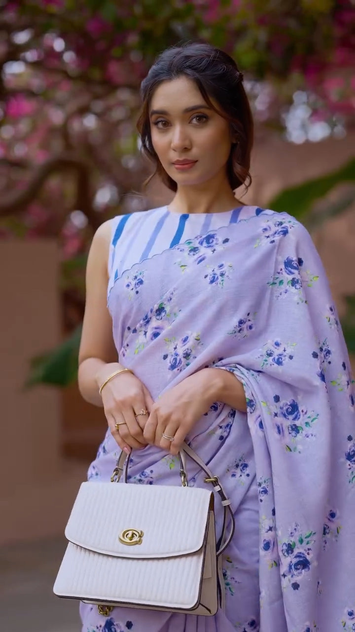 Lavender Floral Linen-Cotton Saree