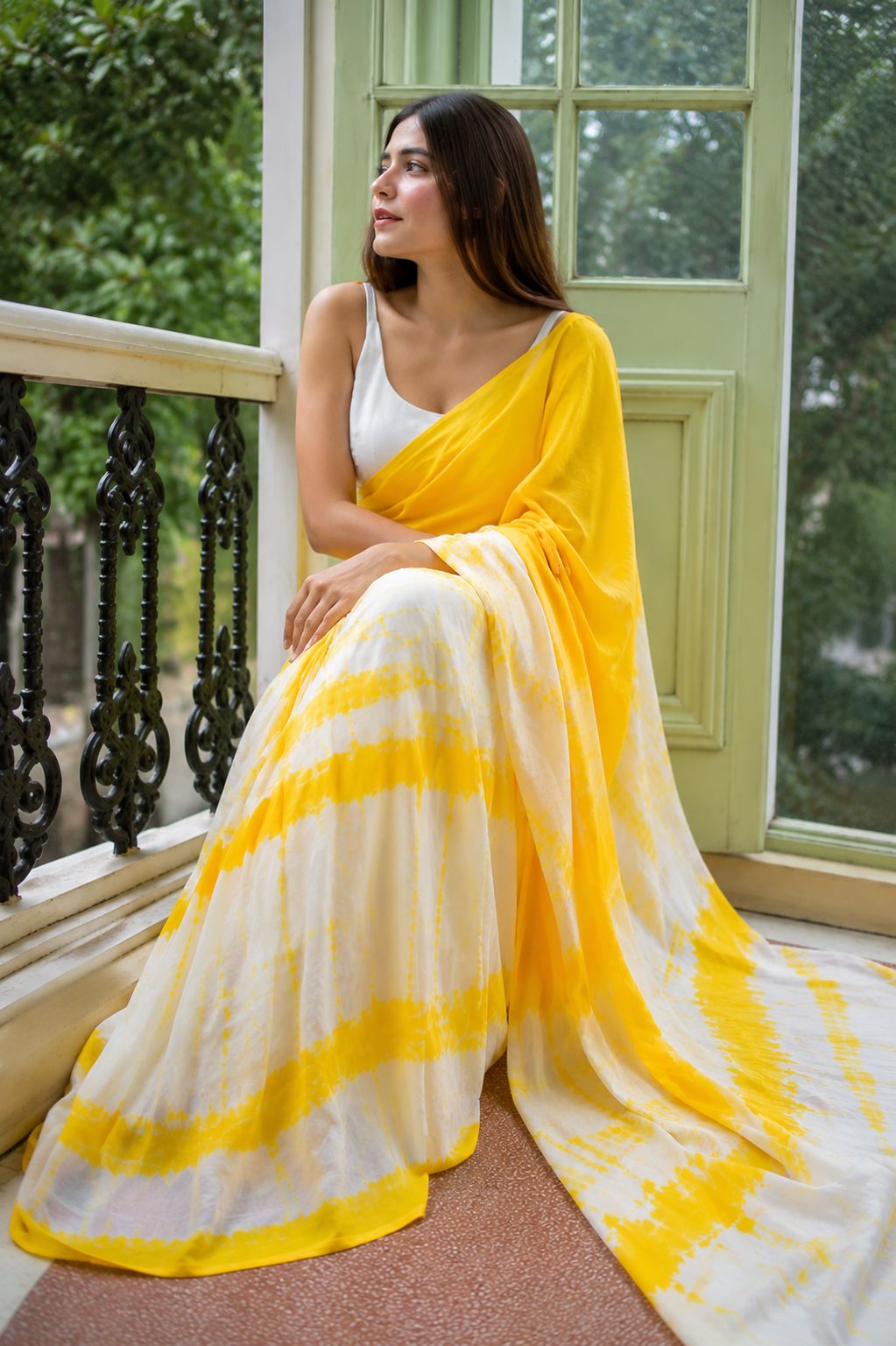 Yellow and White Tie-Dye Saree with Tassel Detail