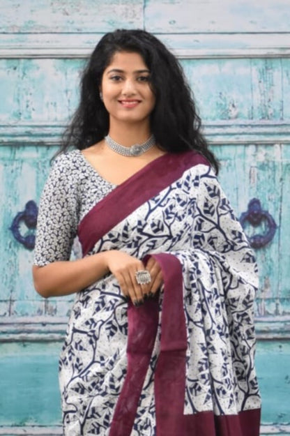 Cream and Indigo Floral Printed Saree