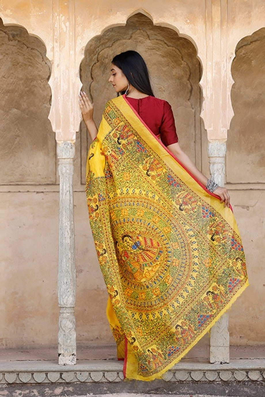 Yellow Linen Saree with Traditional Folk Art Print