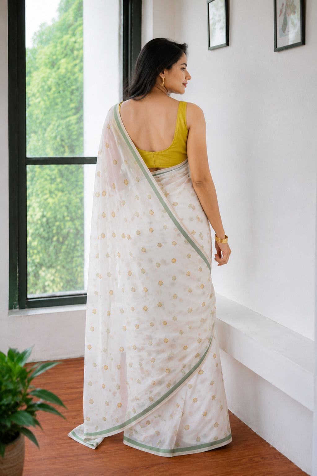Off-White Floral Embroidered Saree with Olive Green Border