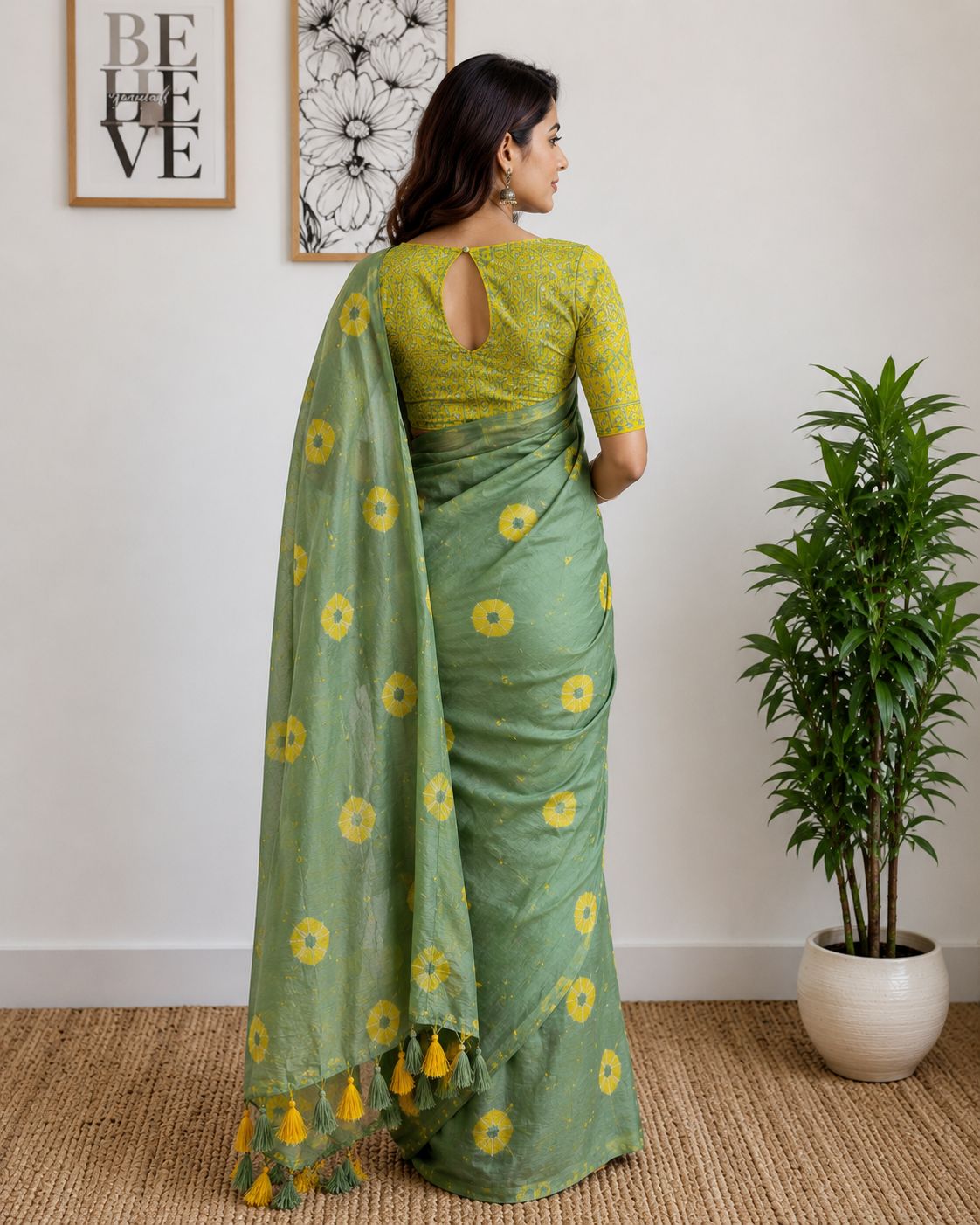 Olive Green Shibori Print Saree with Contrast Yellow Blouse