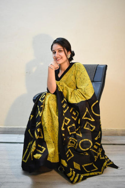 Mustard Yellow and Black Geometric Batik Saree