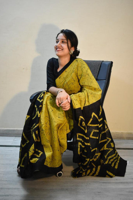 Mustard Yellow and Black Geometric Batik Saree