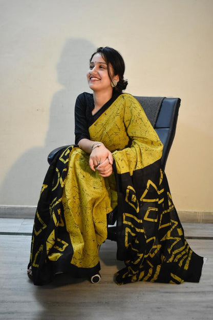 Mustard Yellow and Black Geometric Batik Saree