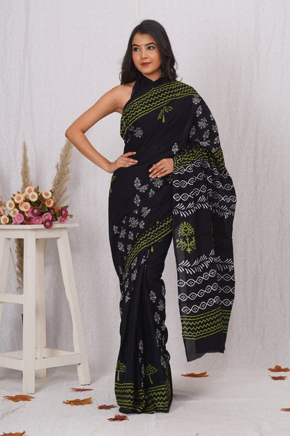 Black and Lime Green Abstract Printed Saree