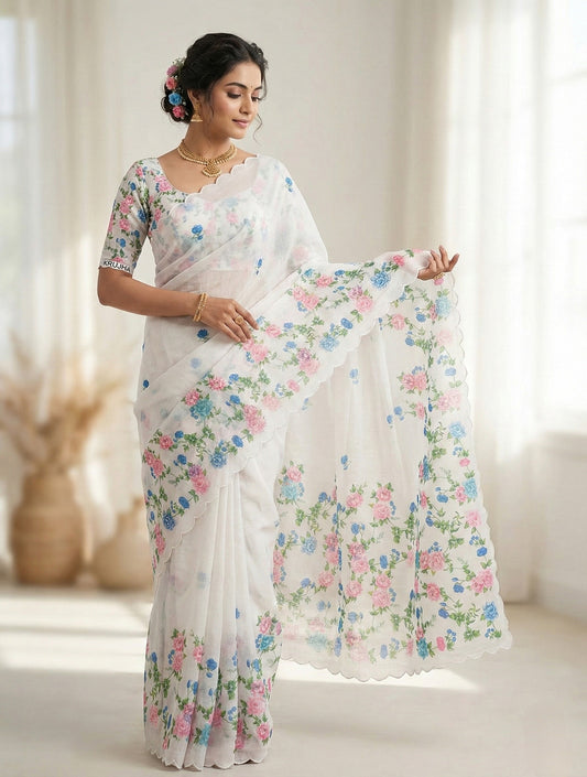 White Floral Printed Saree with Scalloped Edges