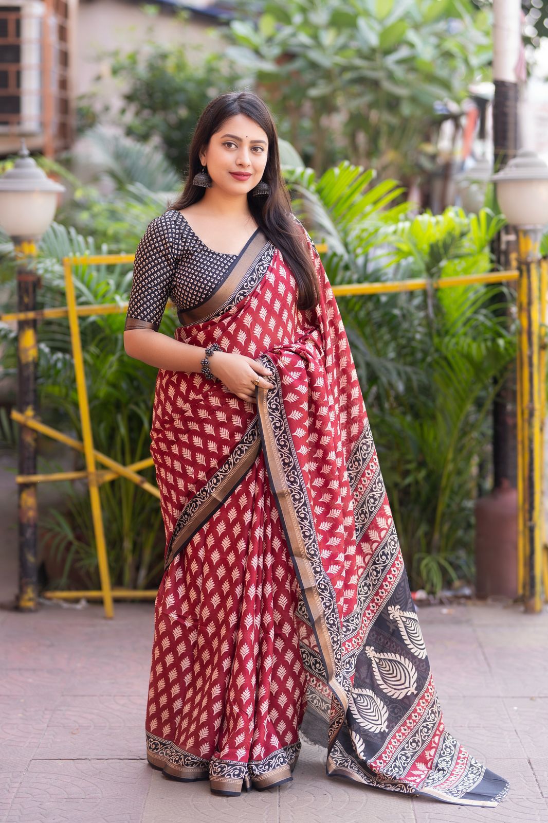 Red and Black Ajrakh Style Cotton Crape Saree