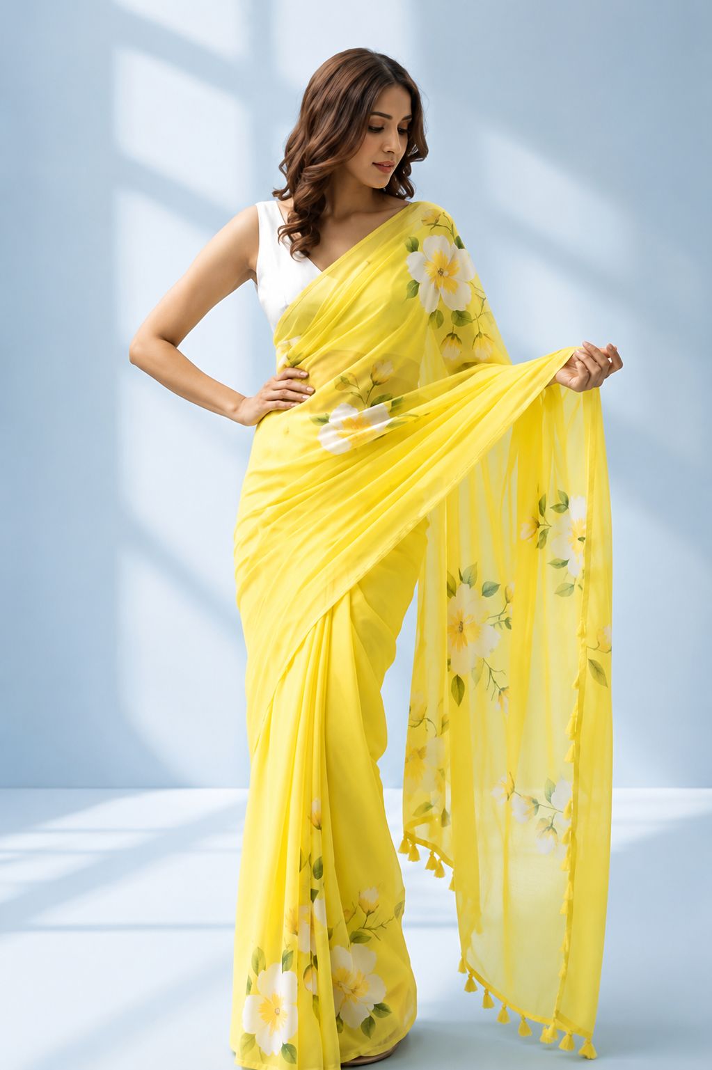 Radiant Yellow Hand-Painted Floral Saree