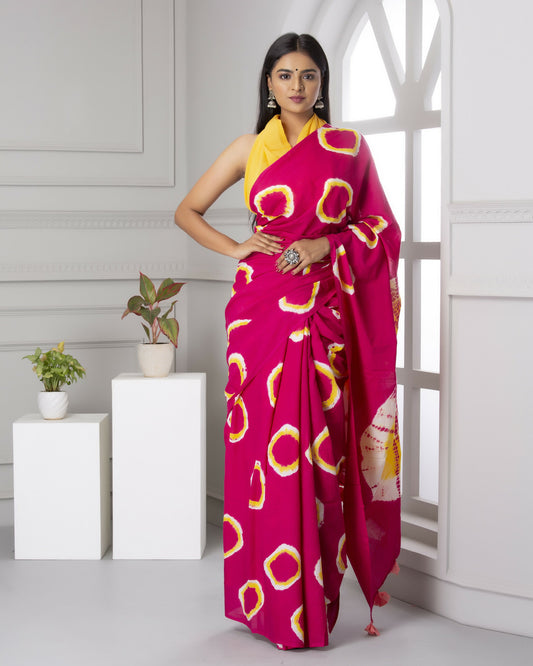Magenta and Yellow Tie-Dye Saree with Artistic Motifs