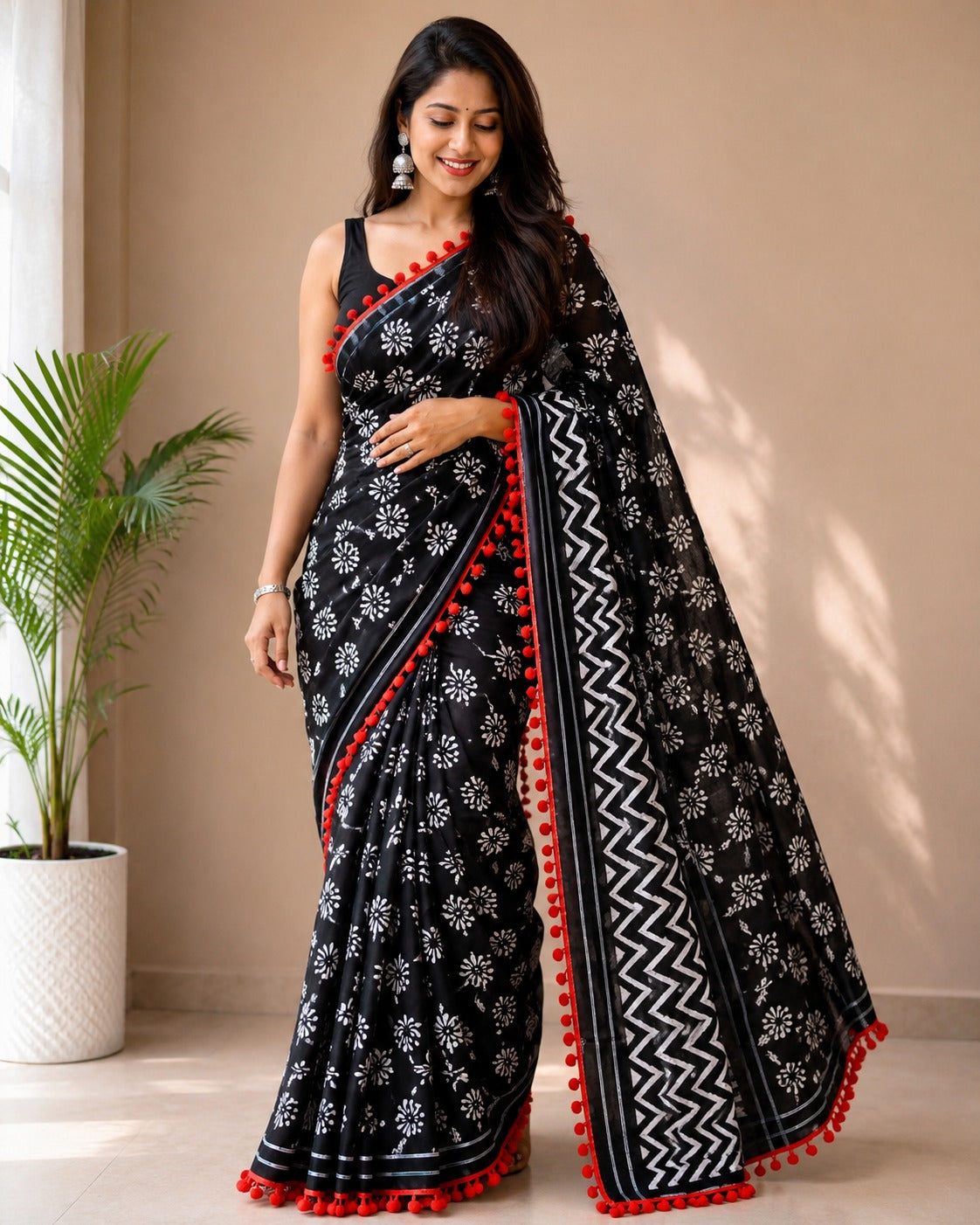 Black and White Floral Print Saree with Red Pom-Pom Lace