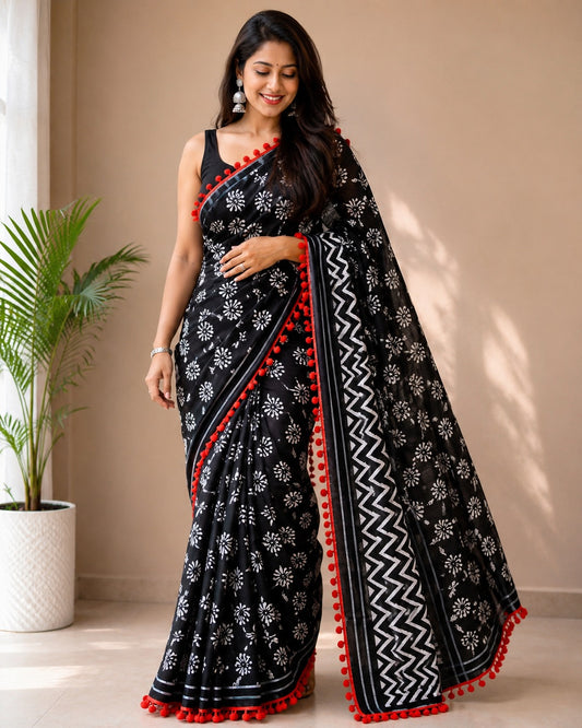 Black and White Floral Print Saree with Red Pom-Pom Lace