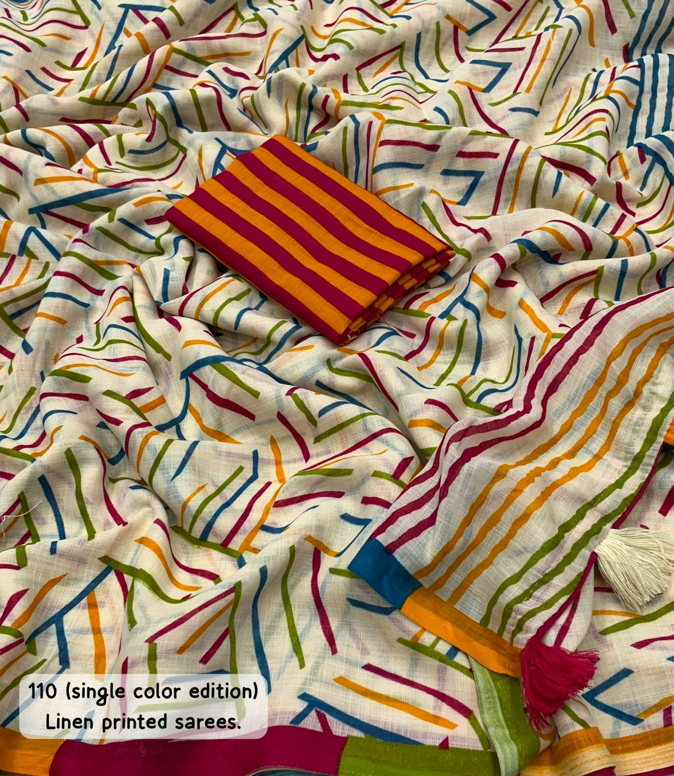 Abstract Geometric Print Saree with Striped Blouse