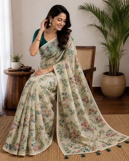 Off-White Floral Botanical Print Saree with Teal Shimmer Blouse