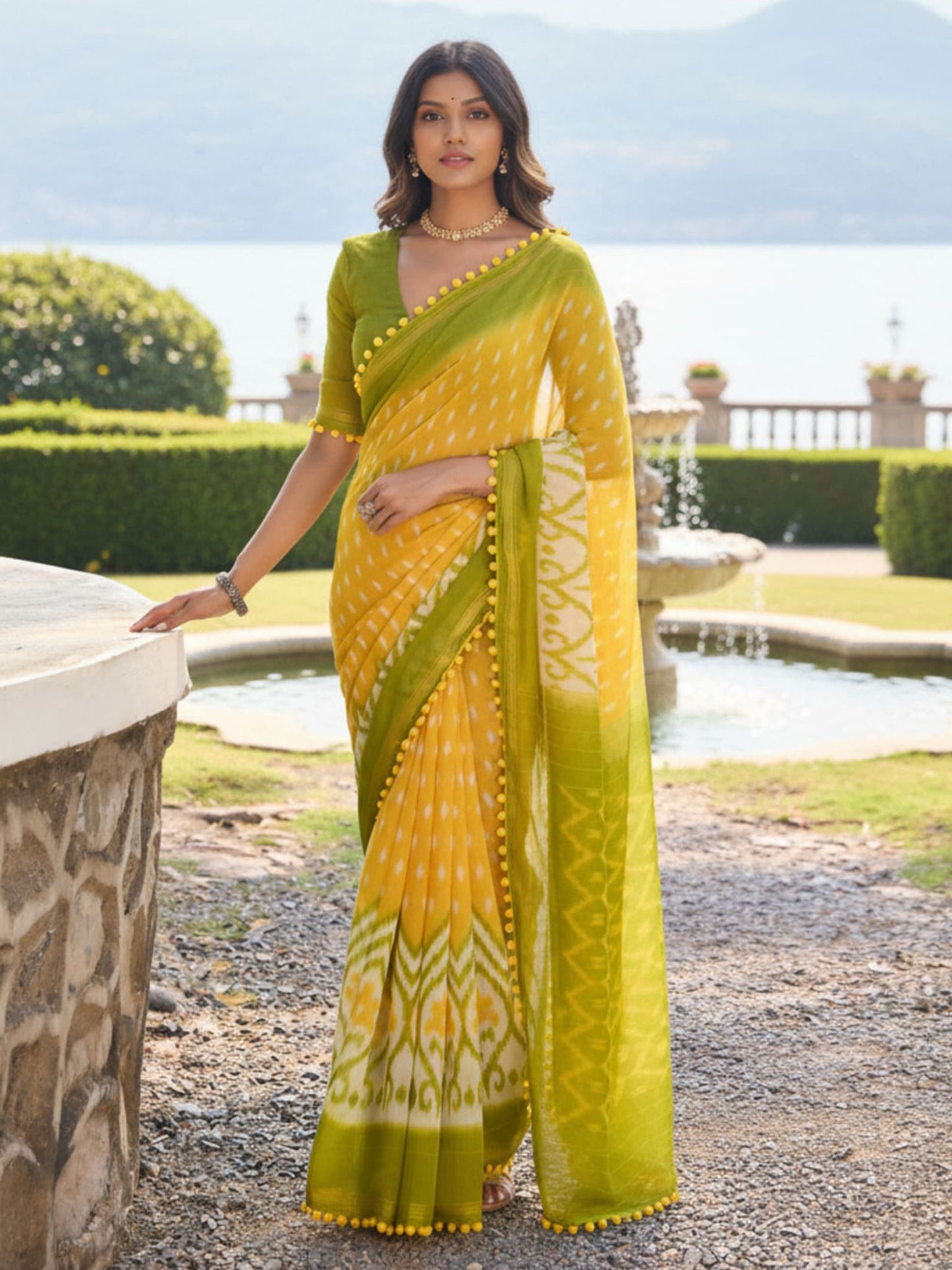 Yellow and Olive Green Ikat Print Saree with Pom-Pom Lace