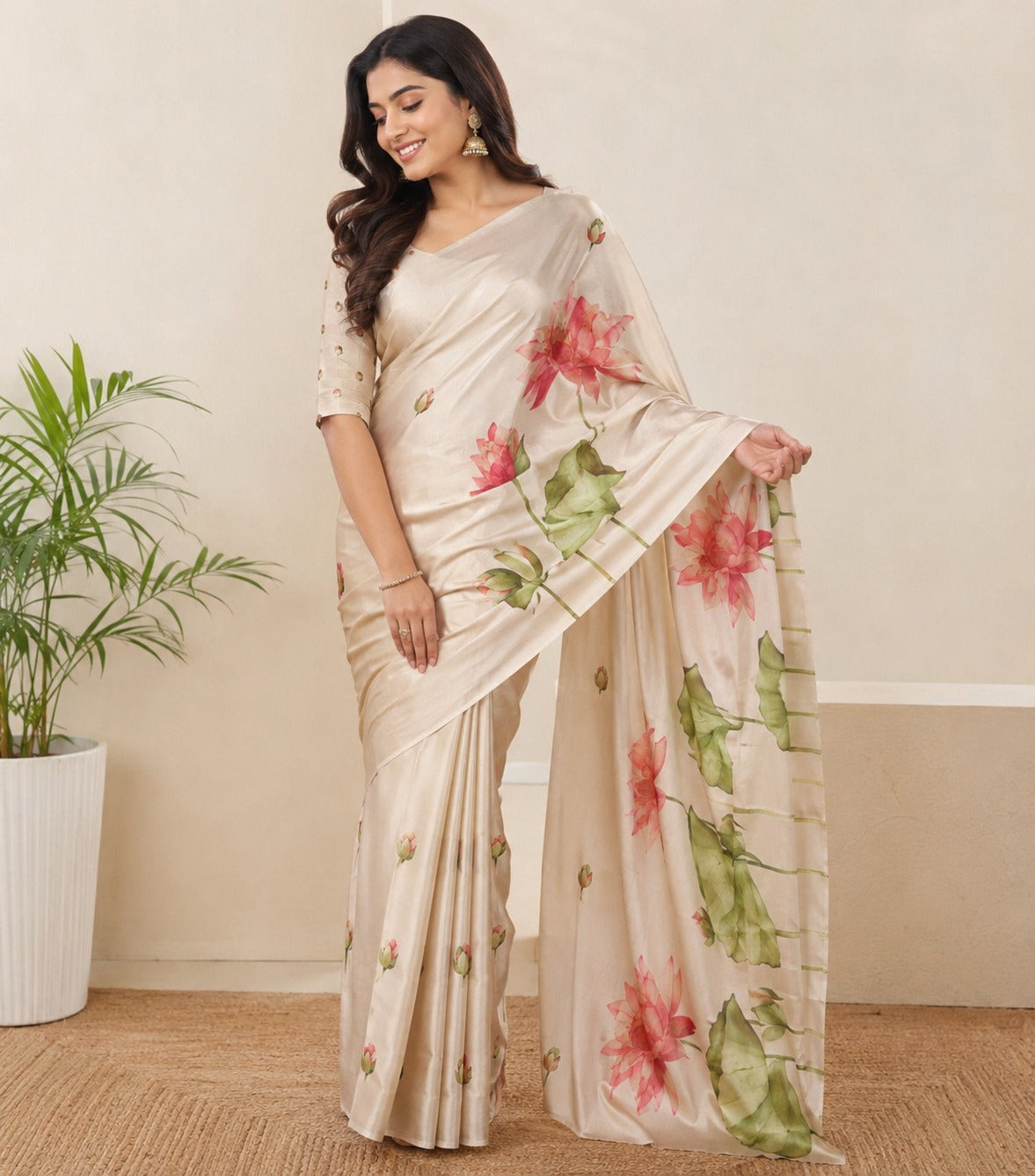 Cream Lotus Painted Erode Silk Saree