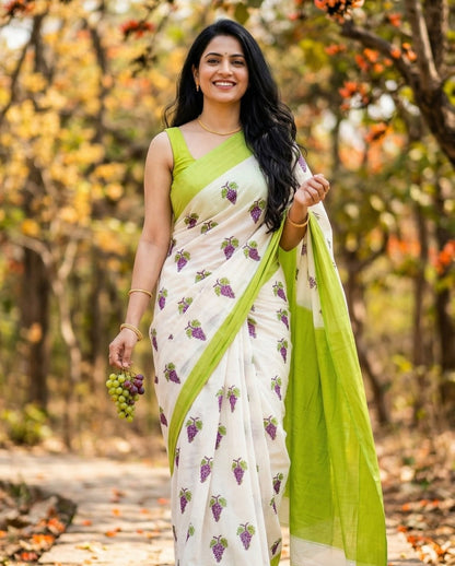 Off-White Saree with Grape Print and Lime Green Border
