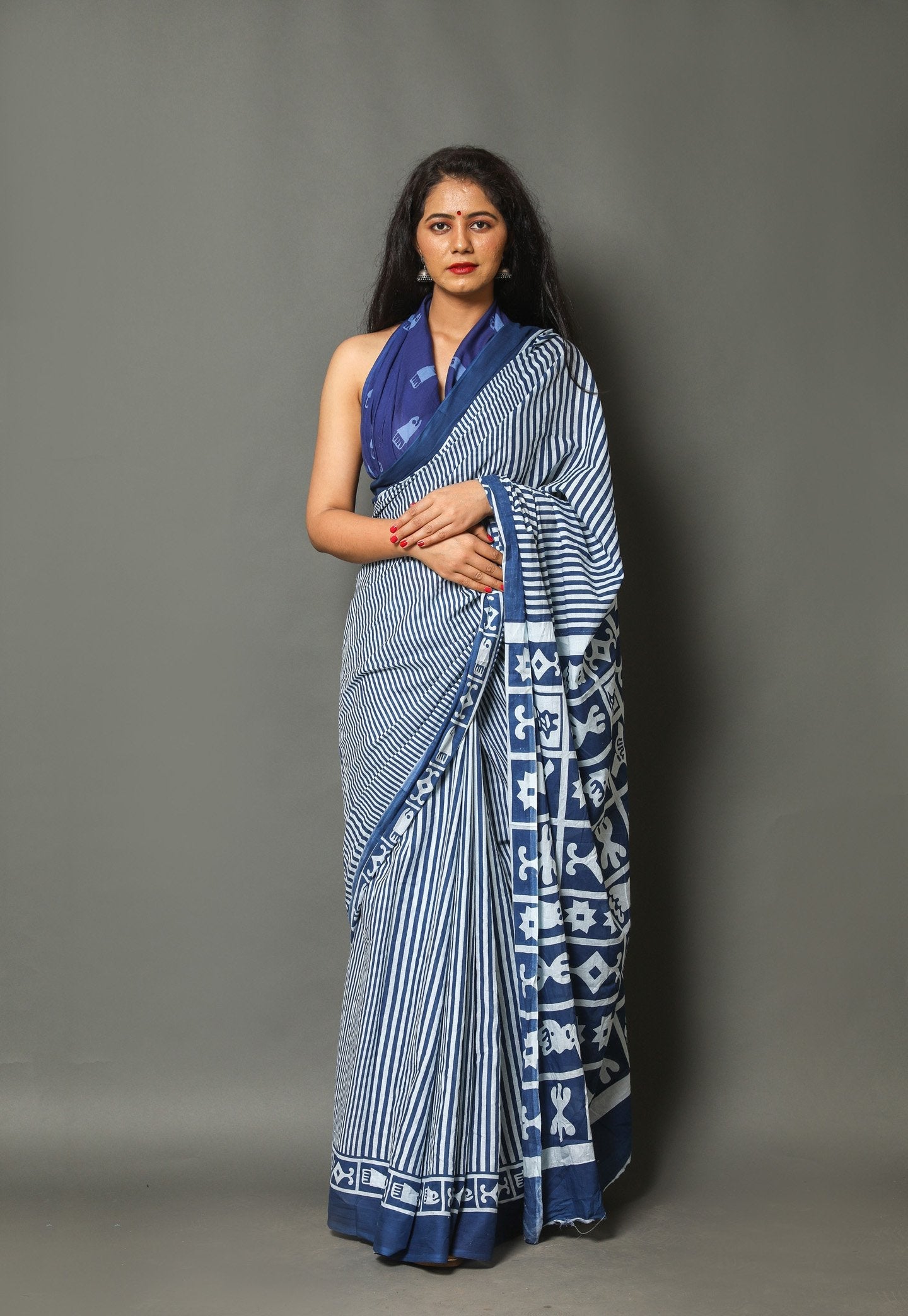 Indigo and White Striped Block-Printed Saree