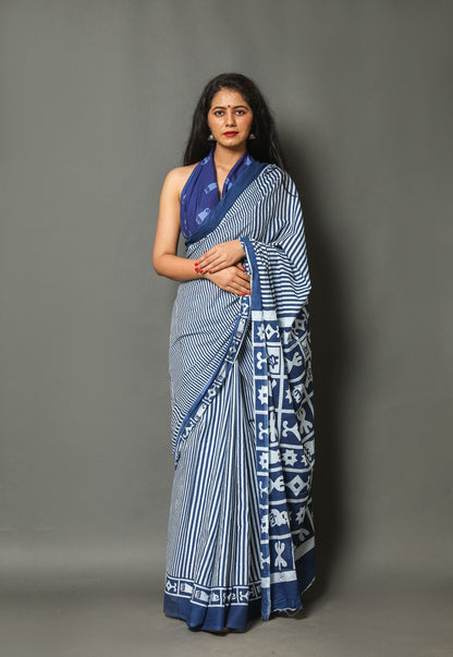 Indigo and White Striped Block-Printed Saree