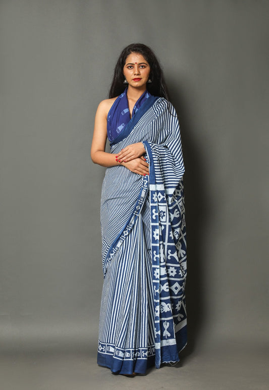 Indigo and White Striped Block-Printed Saree
