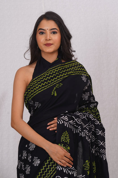 Black and Lime Green Abstract Printed Saree