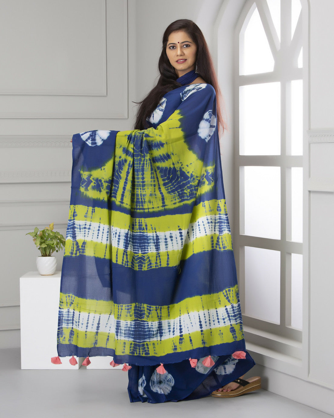 Lime Green and Indigo Tie-Dye Saree