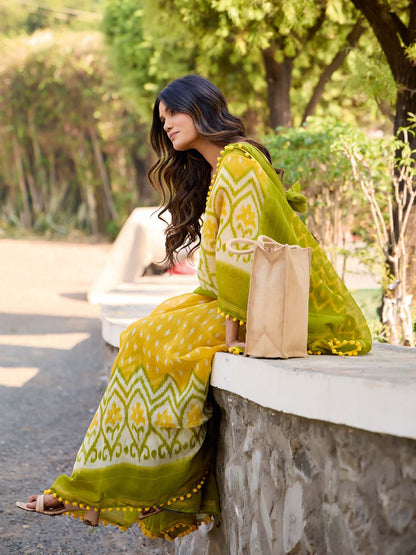 Yellow and Olive Green Ikat Print Saree with Pom-Pom Lace