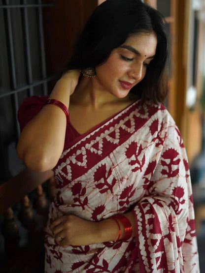 Crimson Floral Batik Saree with Solid Blouse