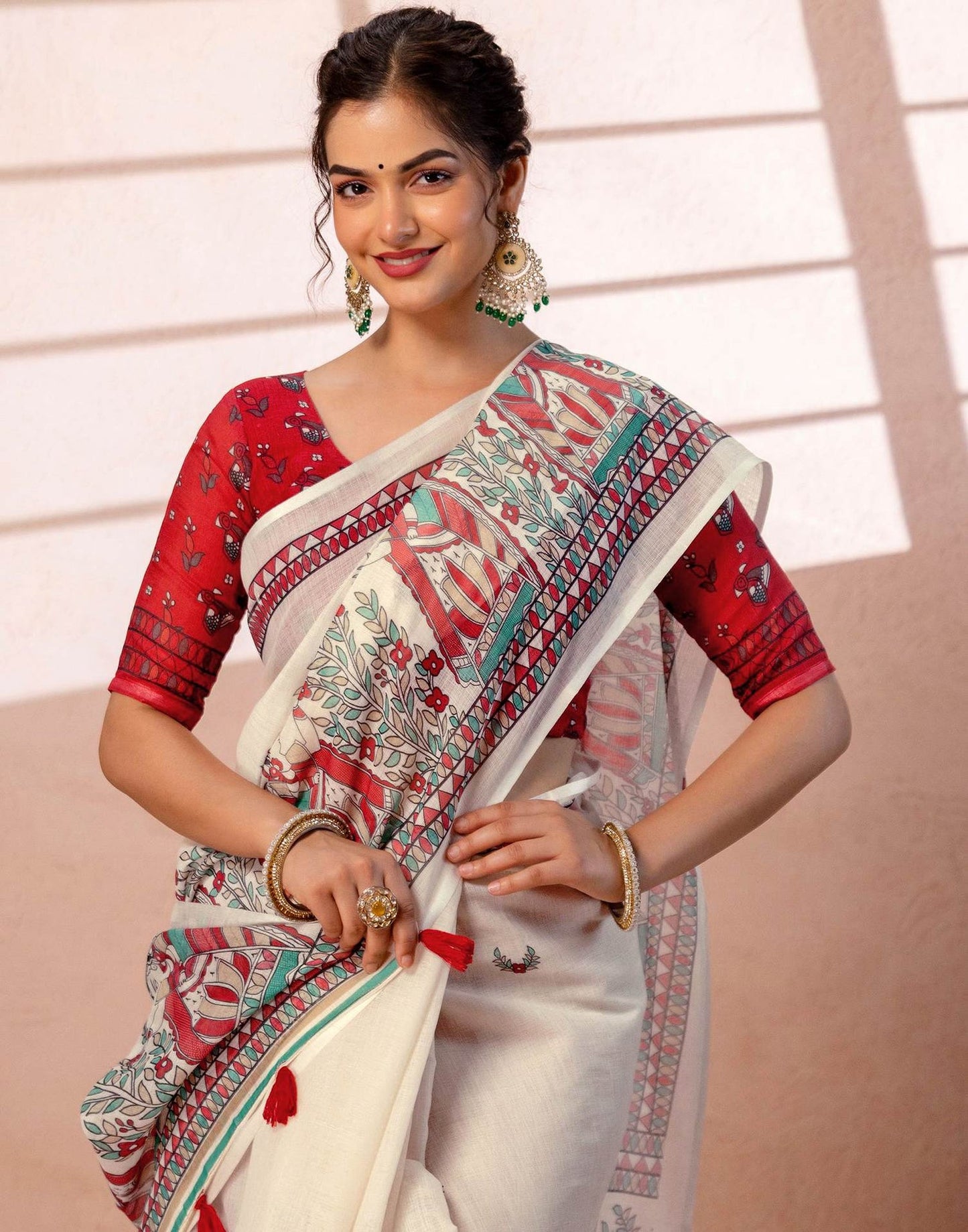 Off-White Linen Saree with Red and Teal Folk Art Print