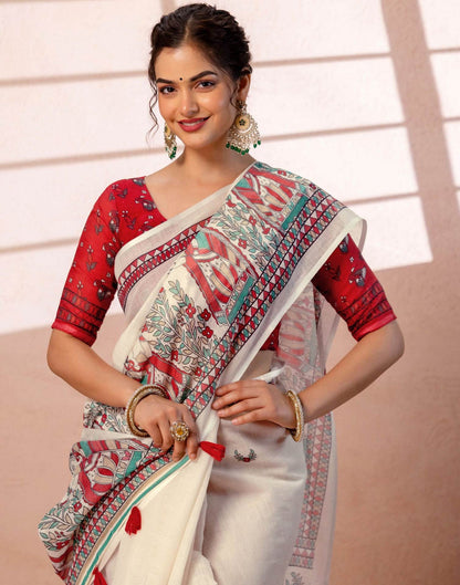 Off-White Linen Saree with Red and Teal Folk Art Print