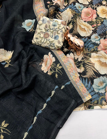 Black Botanical Print Linen Saree