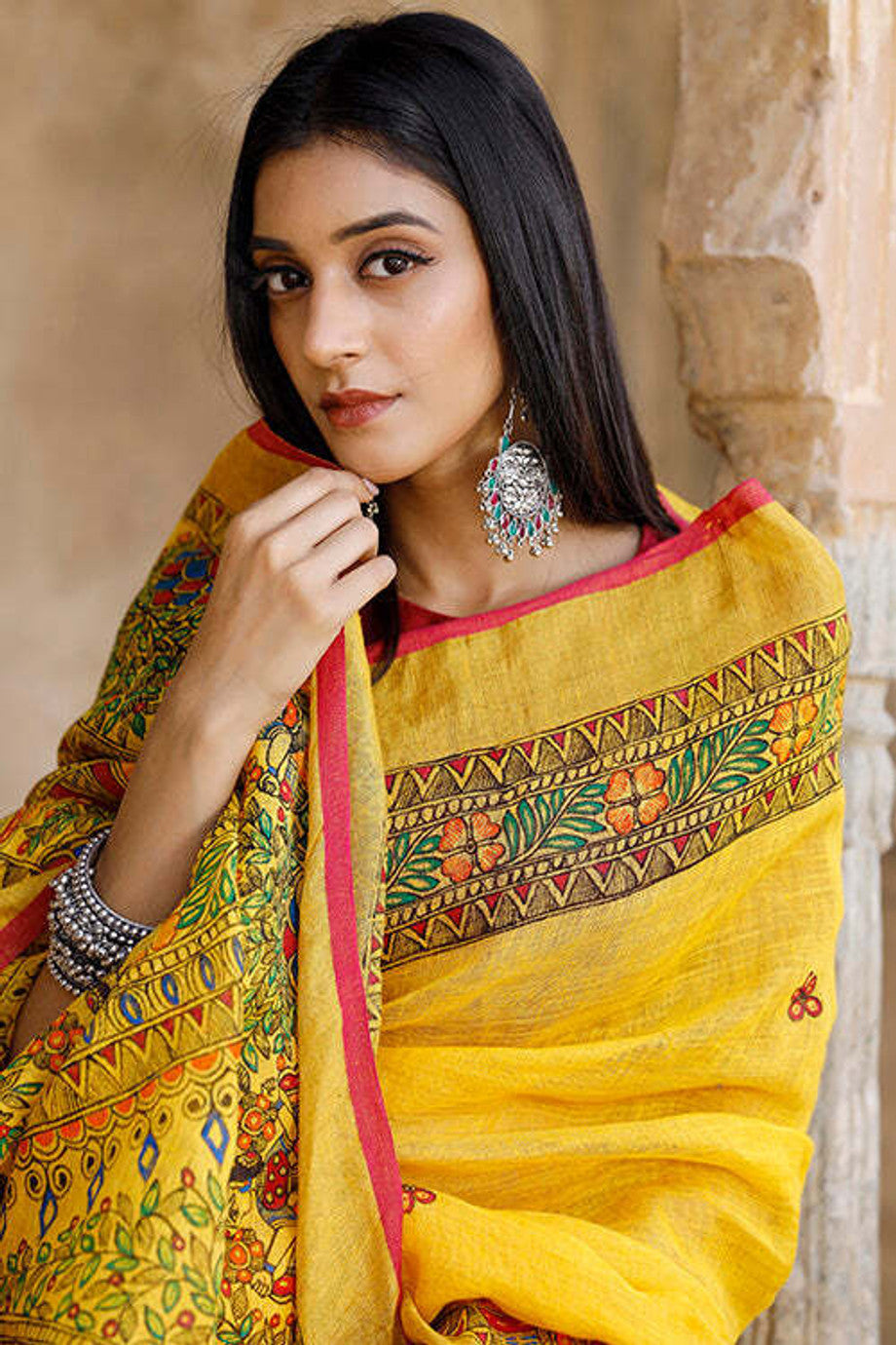 Yellow Linen Saree with Traditional Folk Art Print