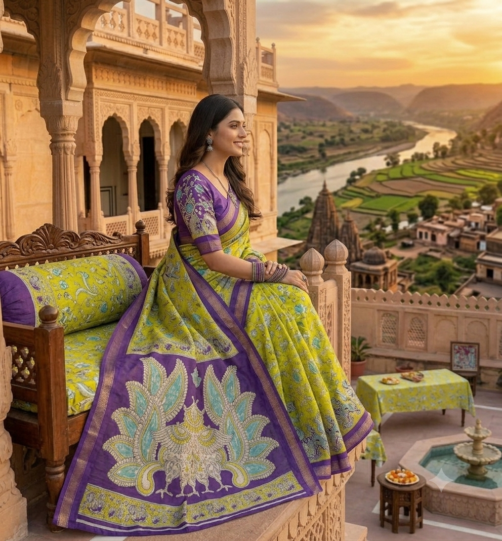 Lime Green and Purple Floral Saree with Peacock Pallu