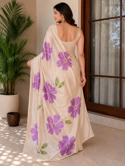 Cream and Purple Floral Erode Silk Saree