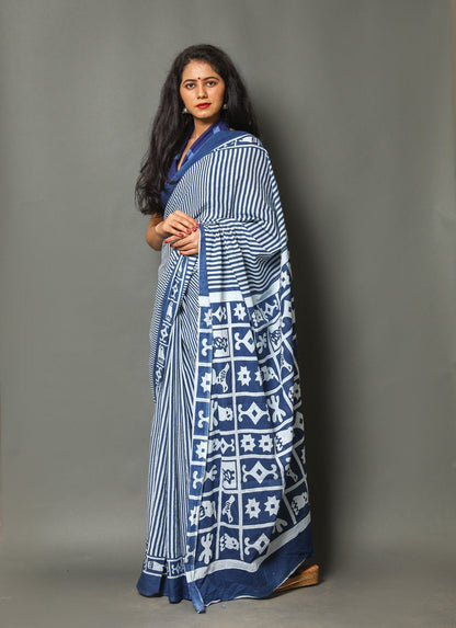 Indigo and White Striped Block-Printed Saree