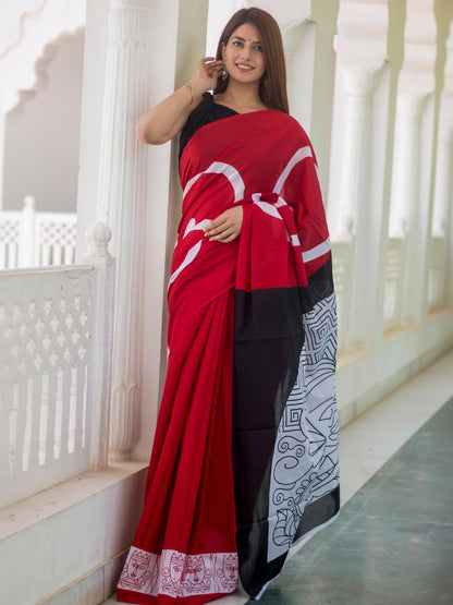 Vibrant Red and Black Abstract Printed Saree