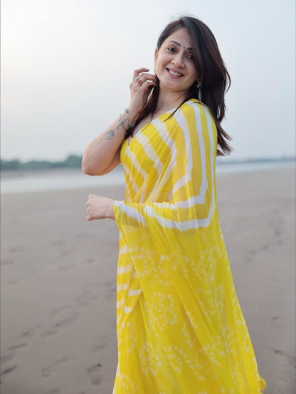 Radiant Yellow Chevron Leheriya Saree with Tassels