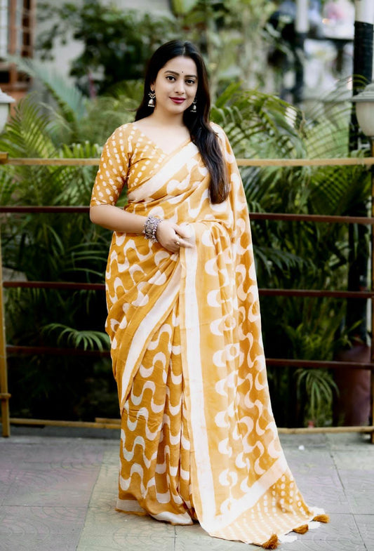 Vibrant Yellow Chevron Batik Saree