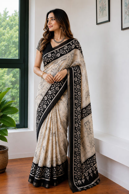 Beige and Black Kalamkari-Style Printed Saree