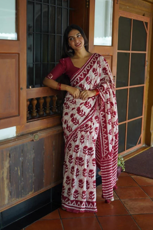 Crimson Floral Batik Saree with Solid Blouse