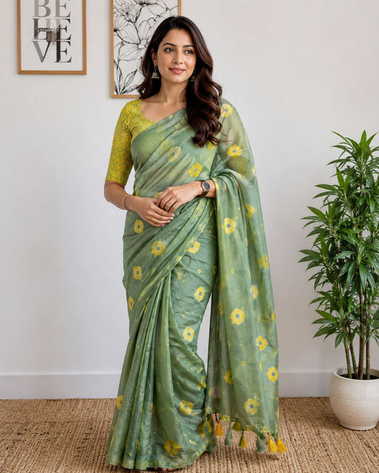 Olive Green Shibori Print Saree with Contrast Yellow Blouse