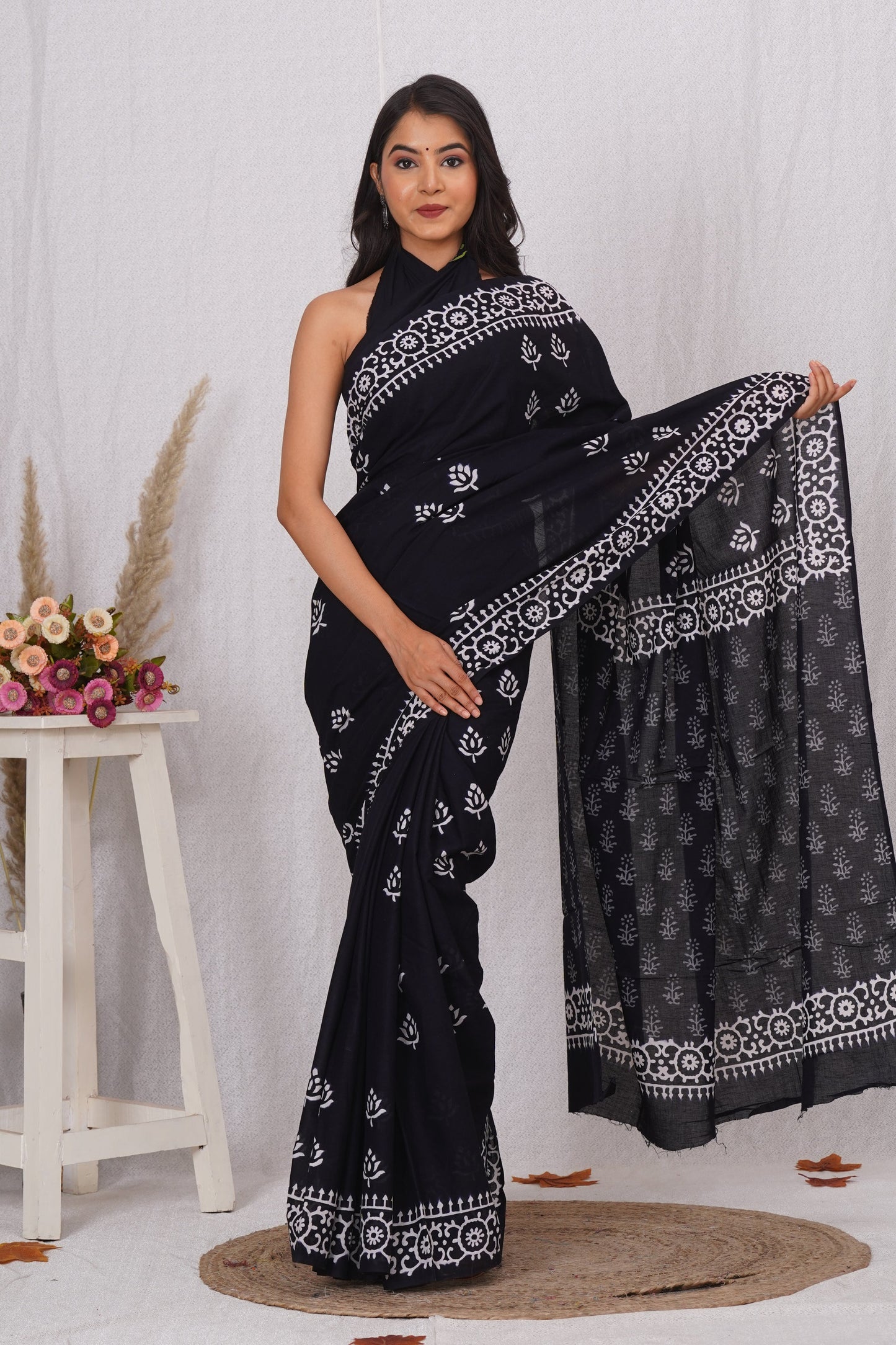 Classic Black and White Floral Batik Saree