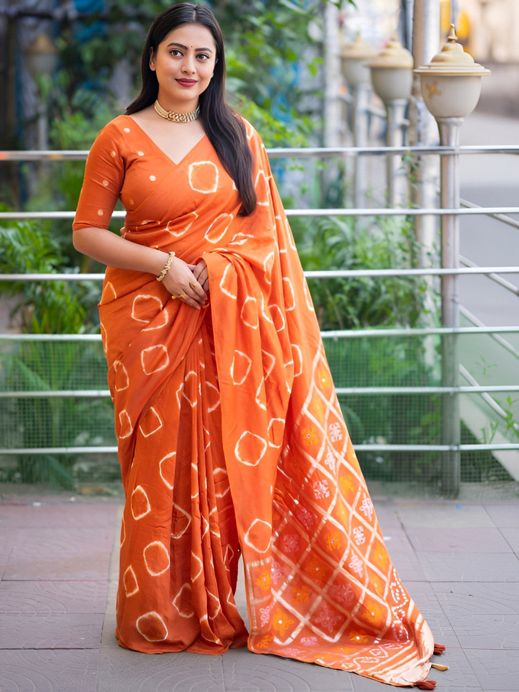 Vibrant Orange Tie-Dye Saree with Metallic Pallu